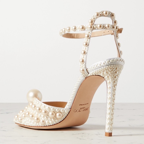 Like new Jimmy Choo Sacora 100 White Satin Sandals with All Over Pearls $1,950 - Picture 4 of 17